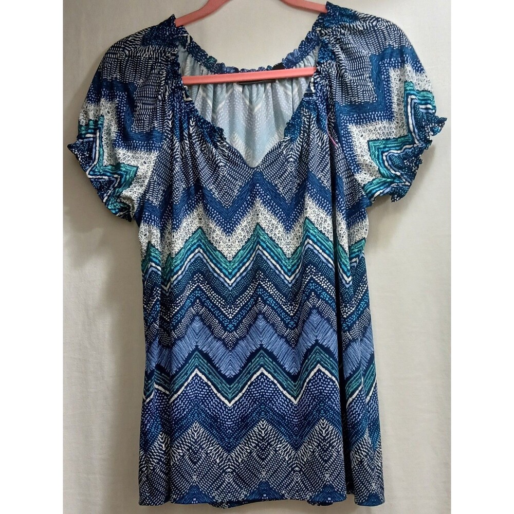 Elementz Womens Large Blue Green Chevron Print Short Sleeve V-Neck Stretch Top